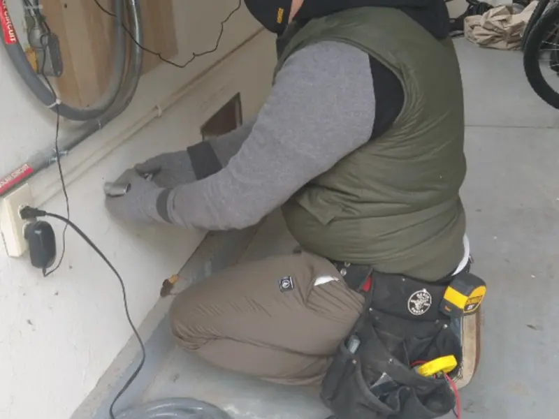 Electrician performing outlet wiring in a Hopewell garage